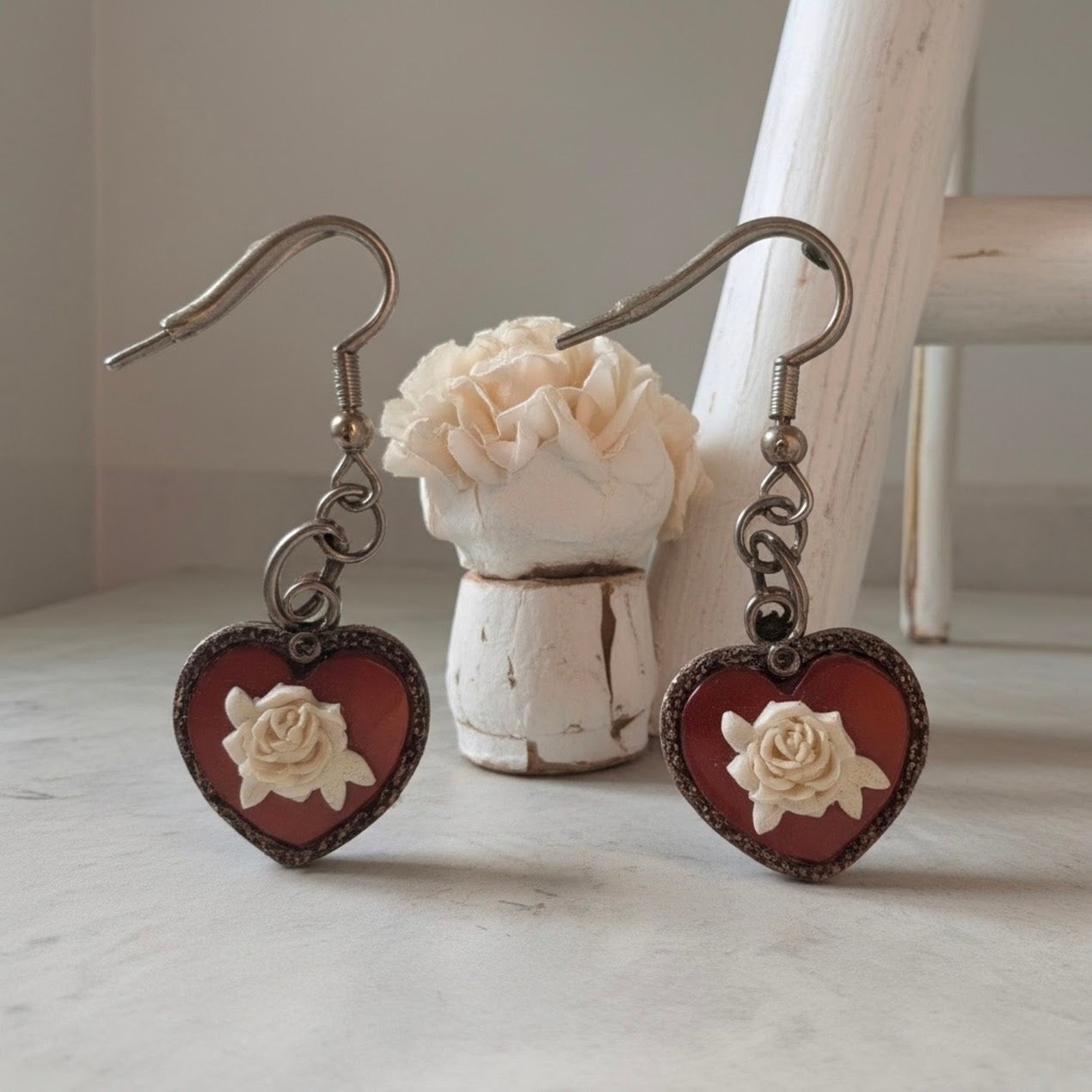 Heart and Rose Dangle Earrings