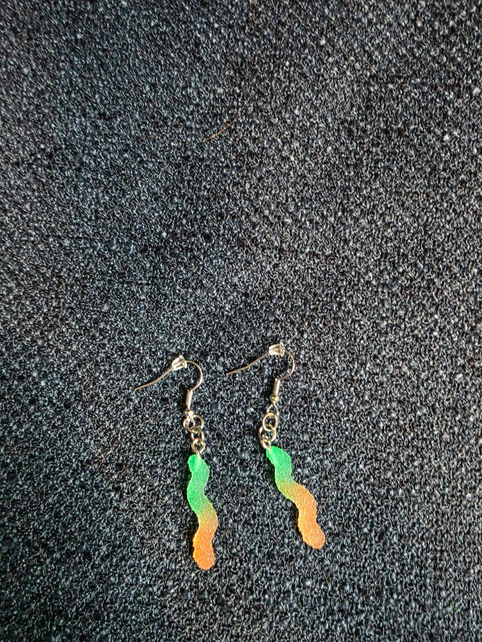 Green and Orange Gummy Worm Dangle Earrings