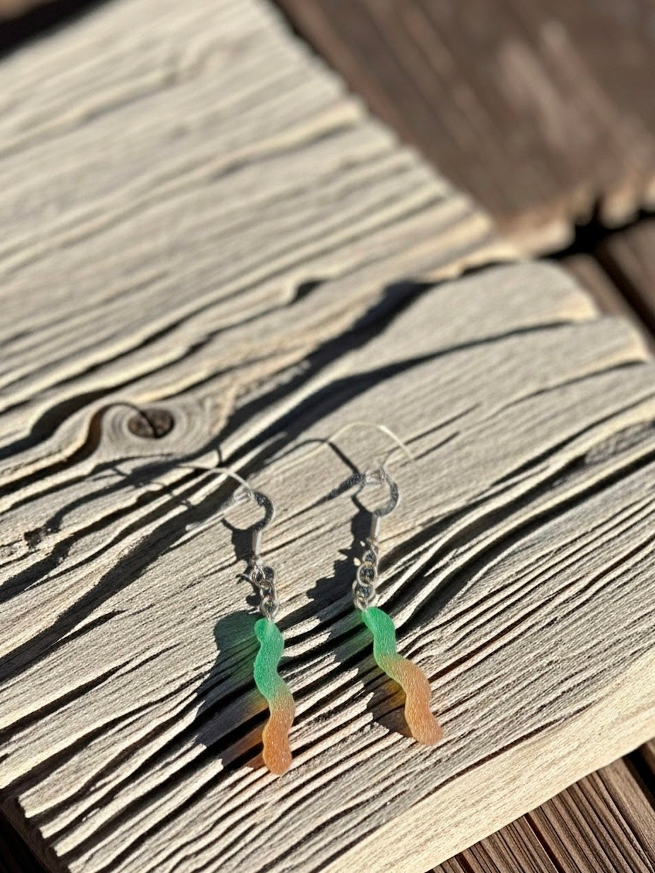 Green and Orange Gummy Worm Dangle Earrings