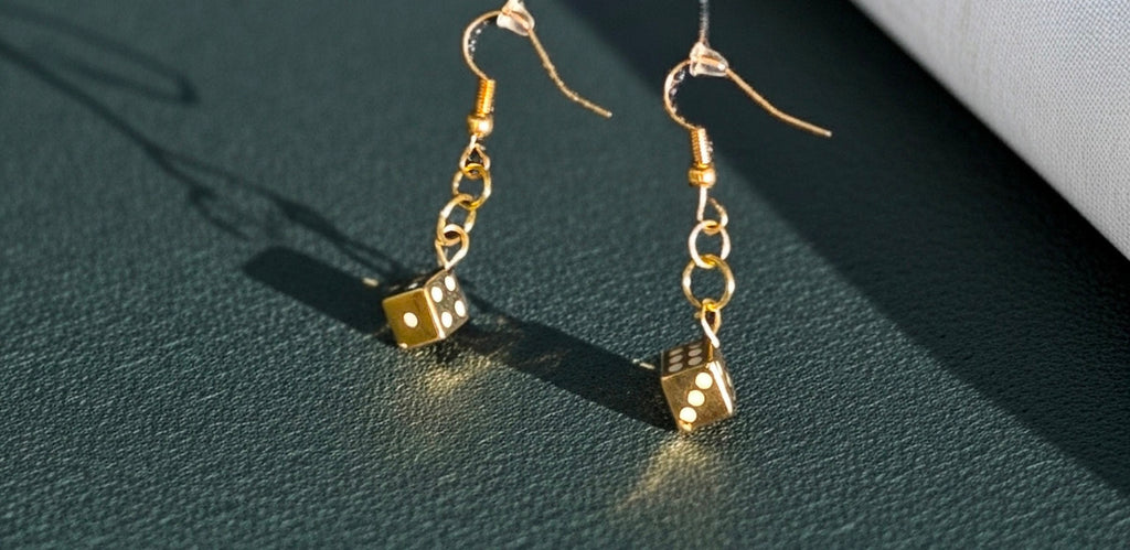 Gold and White Dice Dangle Earrings