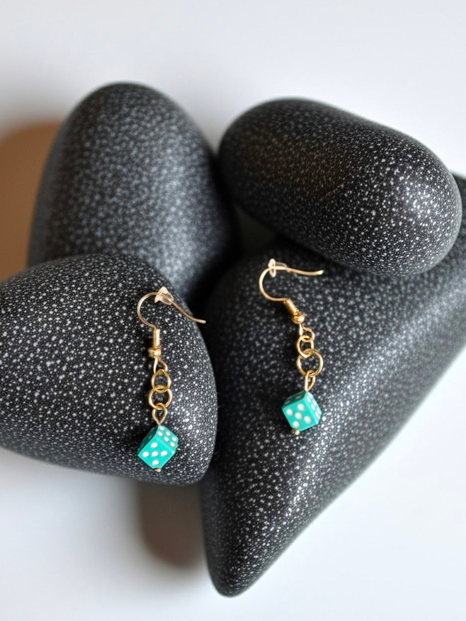 Teal and White Dice Dangle Earrings