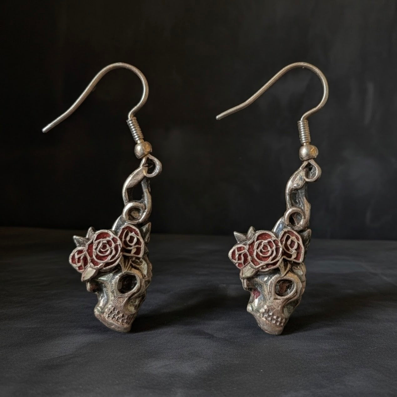 Skull with a Rose Crown Dangle Earrings