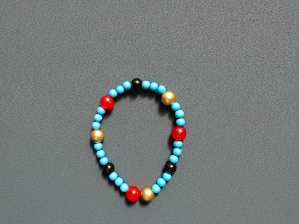 Red, Blue, Gold and Black Beaded Bracelet